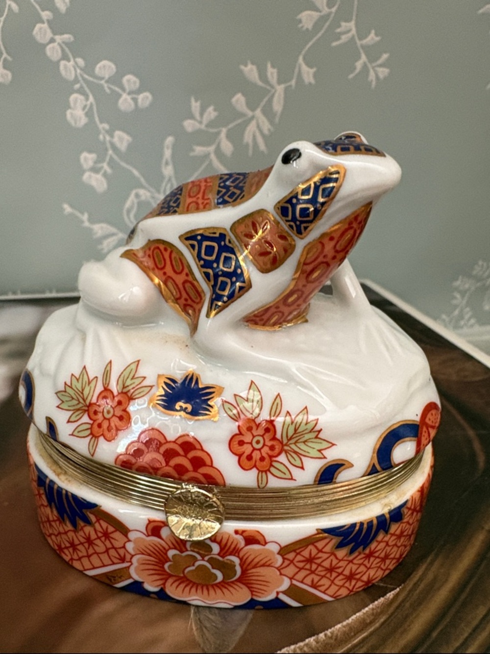 Decorative Porcelain Frog Trinket Box - White, Blue & Orange